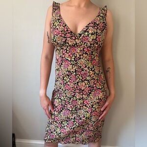 Y2K Fairycore Black Pink Cottagecore floral Midi Whimsical Slip on dress - XS